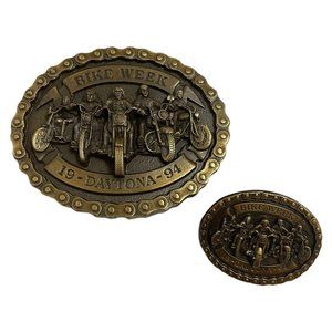 Daytona Bike Week 90s 1994 BRASS Belt Buckle and Pin 3D Motorcycle Riders
